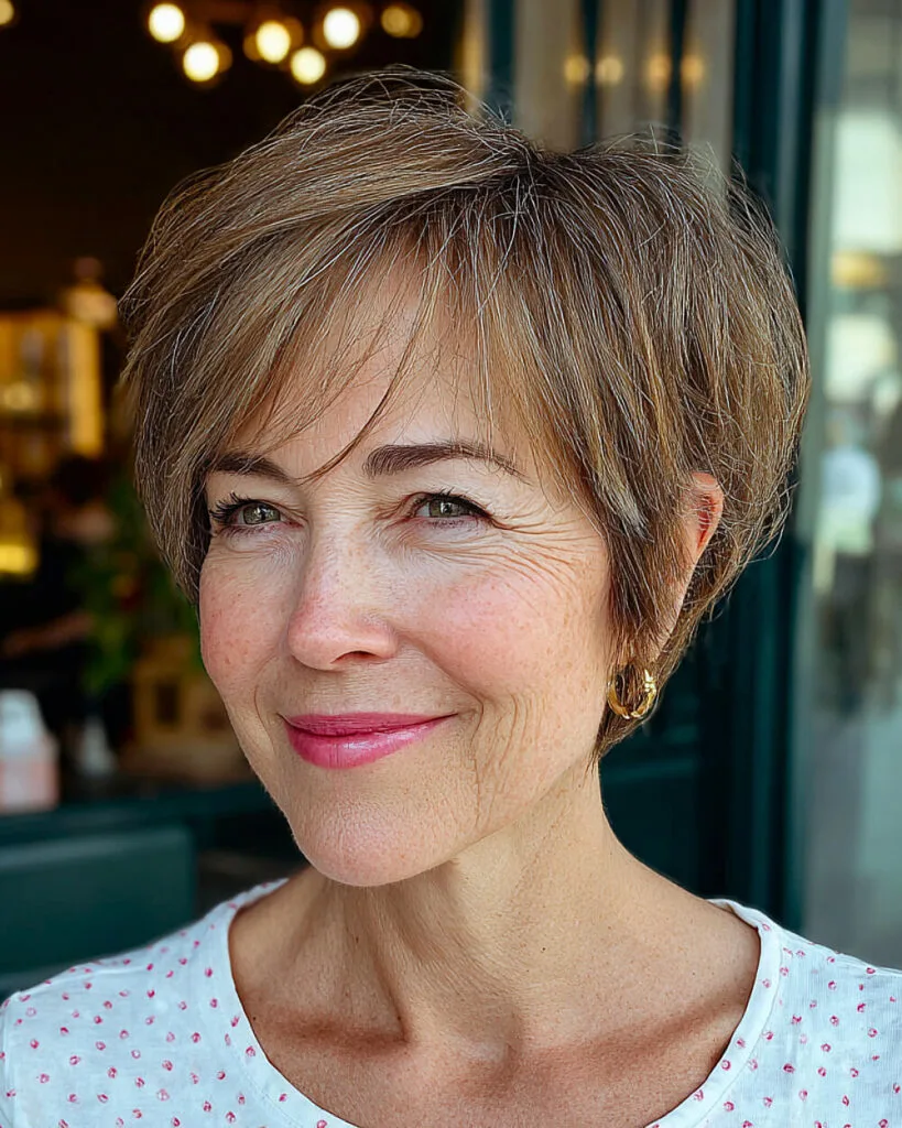 Stacked pixie bob with tapered nape on a woman in her 60s