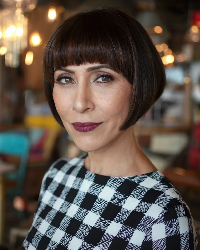 Structured bob with short blunt bangs for sleek thick hair over 40
