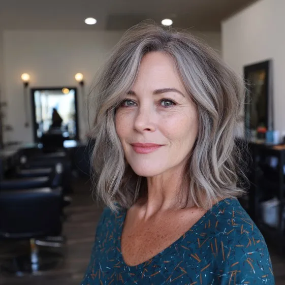 Stylish Grey Shaggy Lob with Soft Balayage