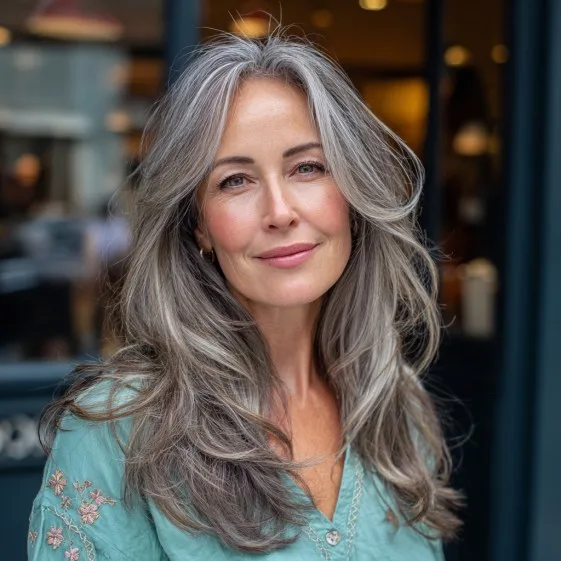 Stylish Long Grey Layers with Soft Balayage