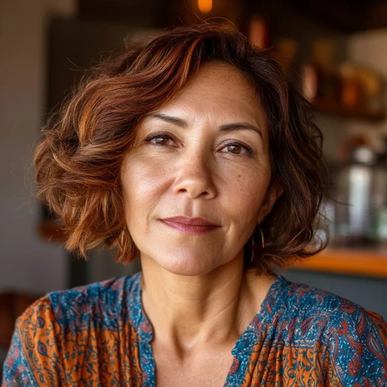 Stylish Short Curly Bob with Warm Highlights