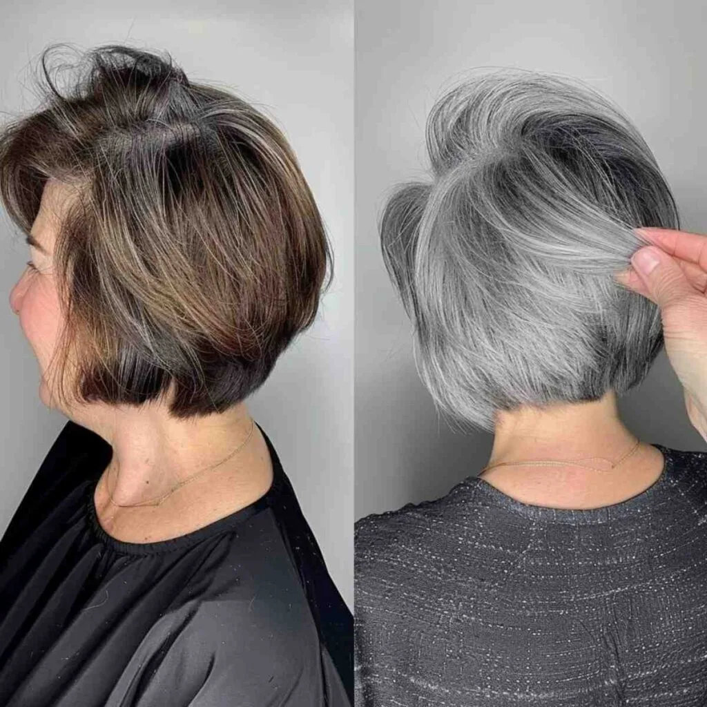 Stylish short layered bob for 60-year-old women with fine grey hair" – this incorporates a more specific cut style and mentions the dimensional aspect of the color.