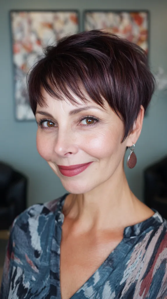 Stylish Short Pixie Cut with Rich Burgundy Highlights