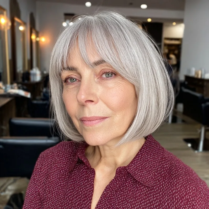 Stylish Silver Bob with Soft Bangs