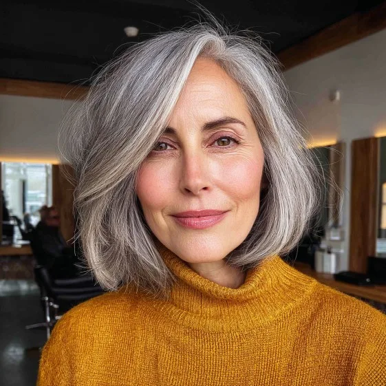 Stylish Softly Layered Grey Lob with Subtle Balayage