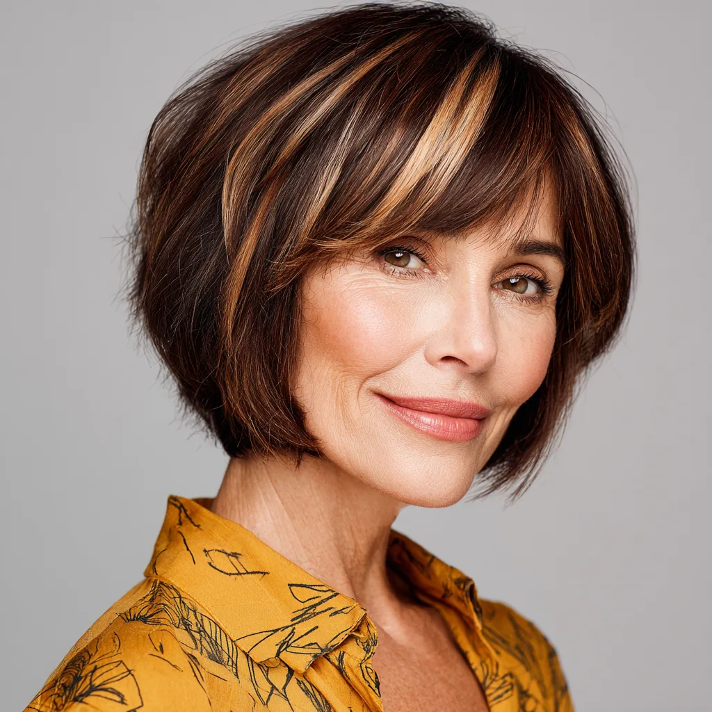 Stylish Textured Bob with Warm Caramel Highlights