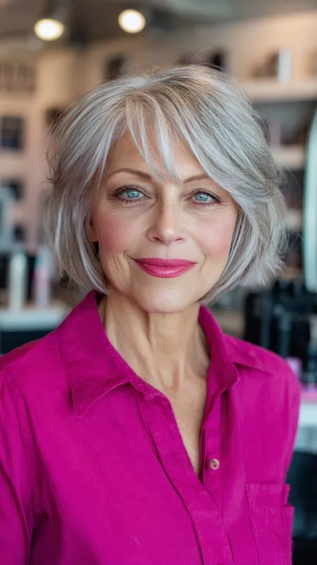 Stylish Textured Grey Bob with Feathered Bangs