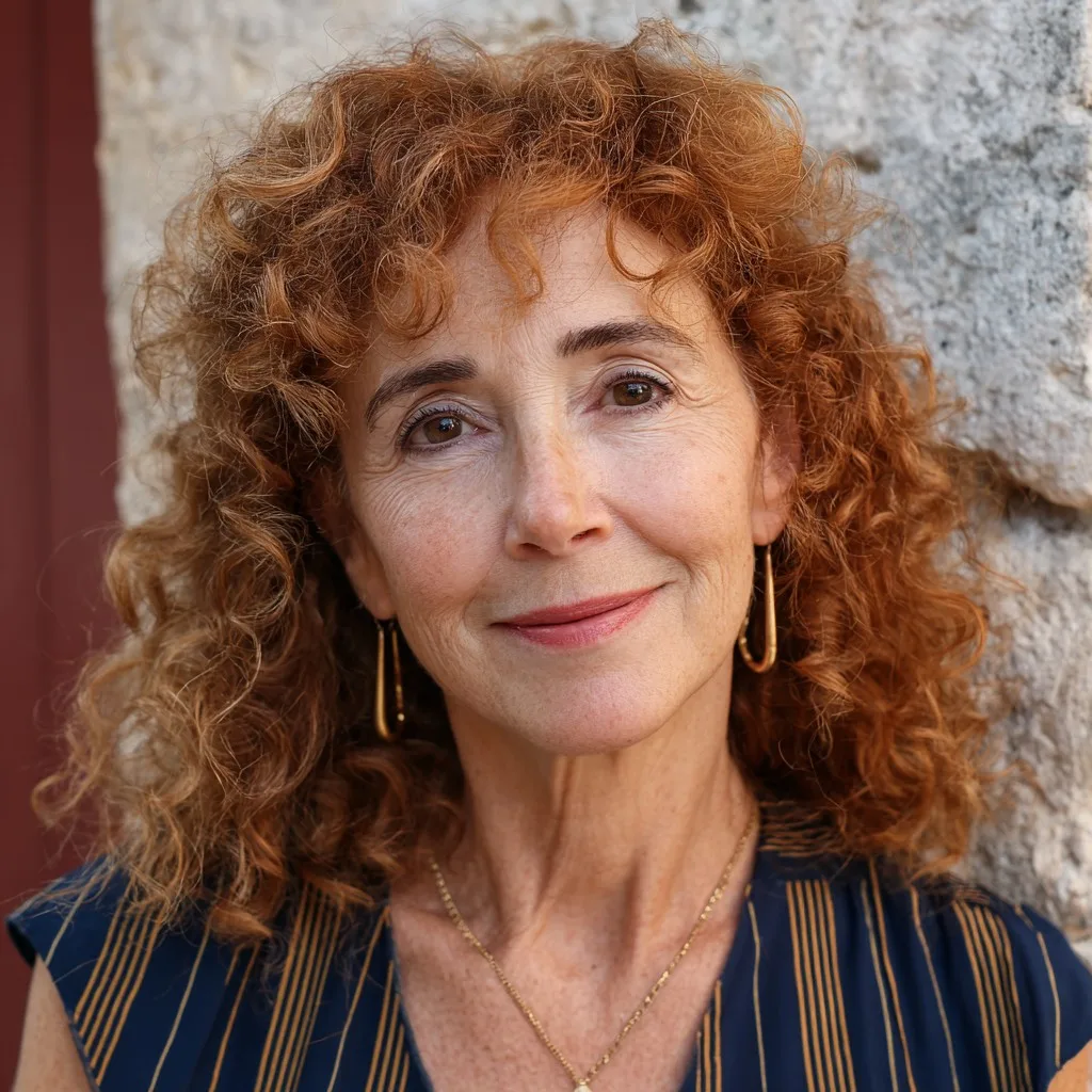 Stylish Warm Brown Curly Cut with Face-Framing Layers