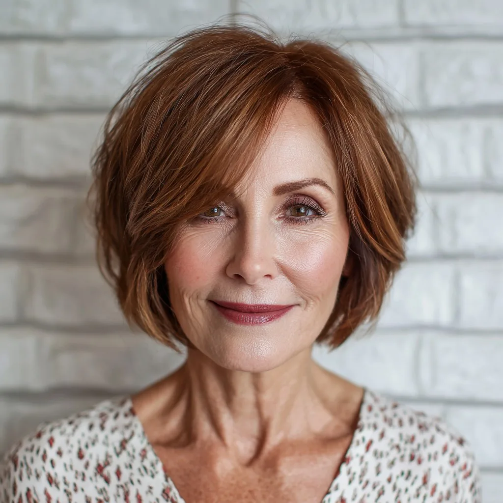 Stylish Warm Brown Textured Bob with Soft Waves