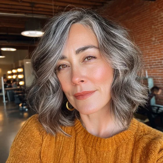 Stylish Wavy Grey Lob with Subtle Balayage