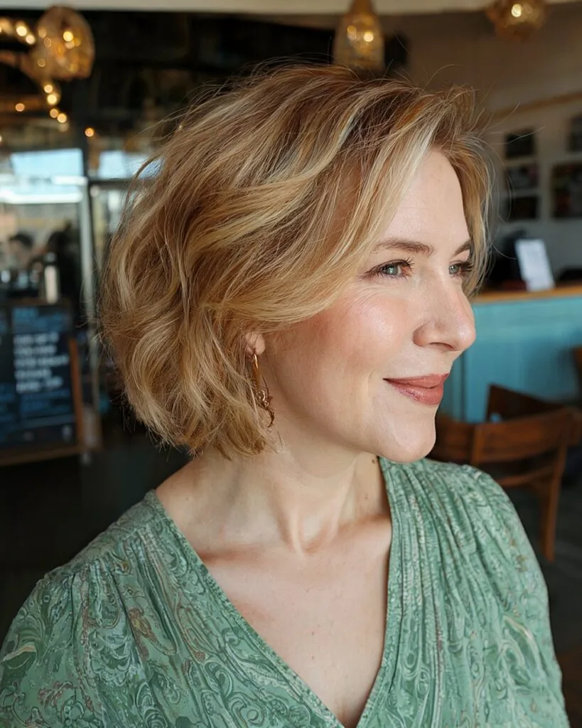 Subtly slanted bob haircut with layers for older women with fine blonde hair