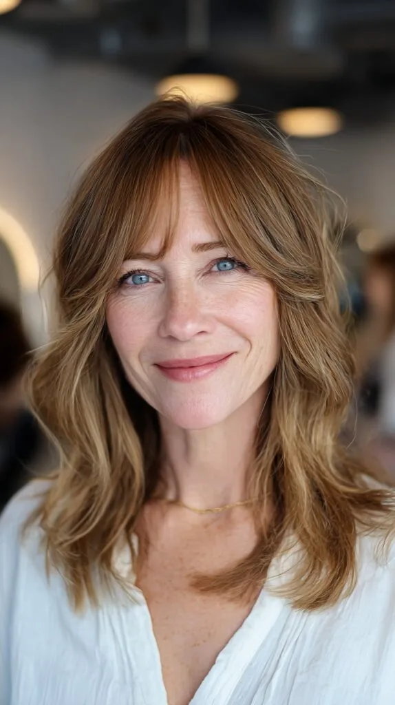 Sun-Kissed Layered Curtain Bangs with Textured Mid-Length Cut