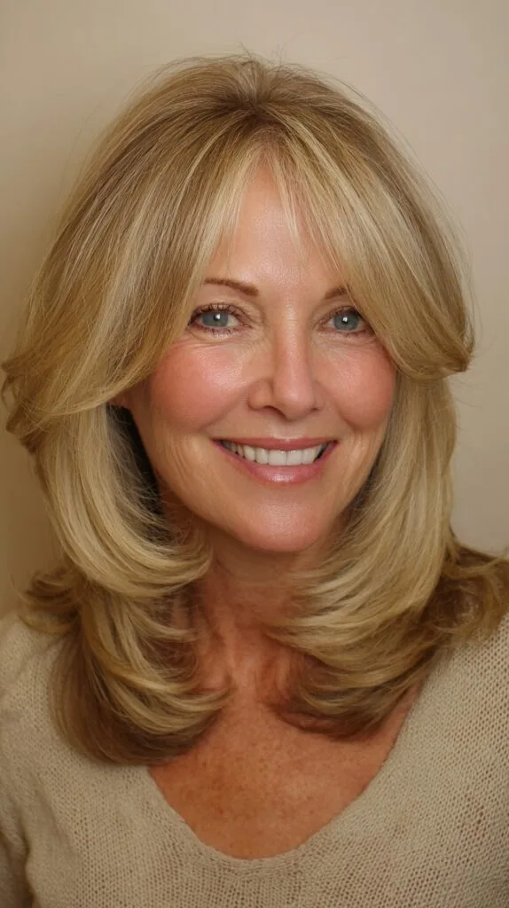 Sunlit Blonde Medium Butterfly Layers with Face-Framing Sweep