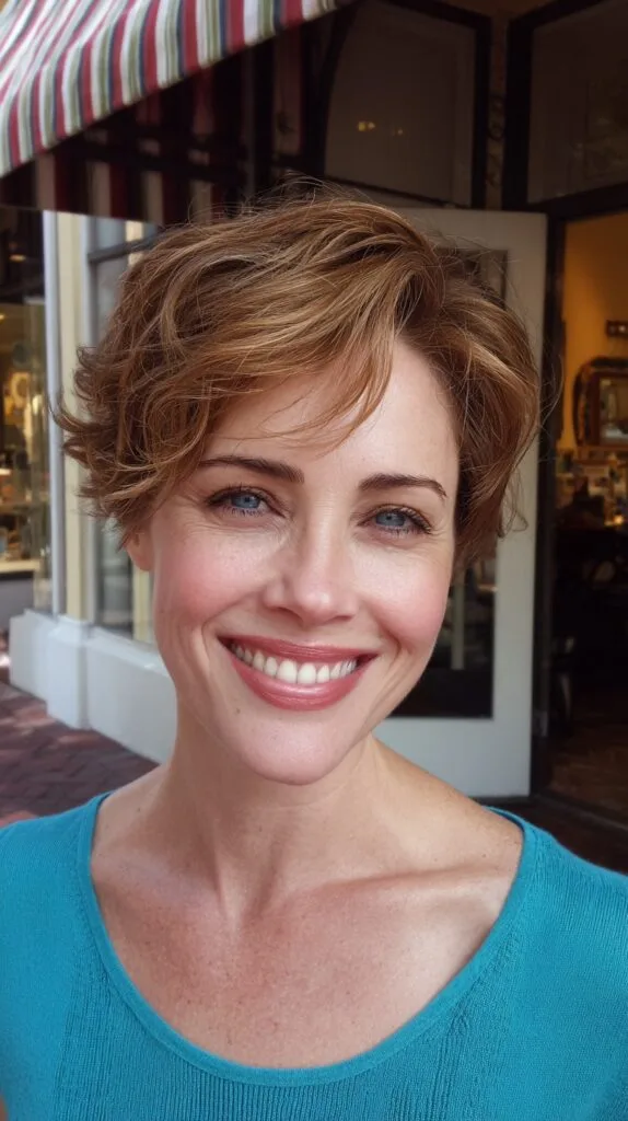 Sunlit Chestnut Pixie with Soft Face-Framing Layers
