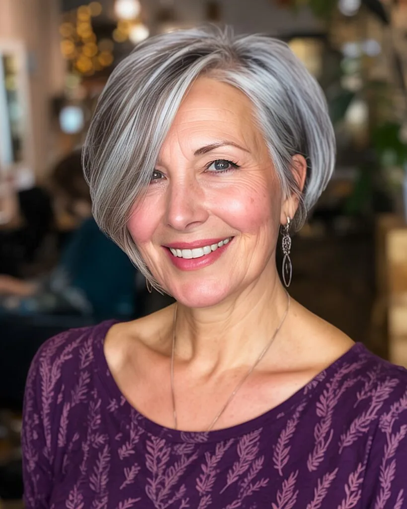 Tapered butterfly pixie bob haircut with soft bangs and face-framing layers on gray hair