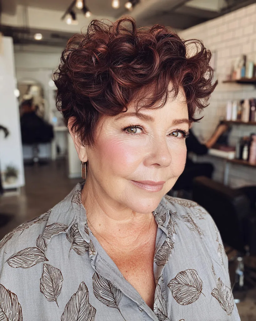 Tapered short pixie with defined curls for round face shape over 50