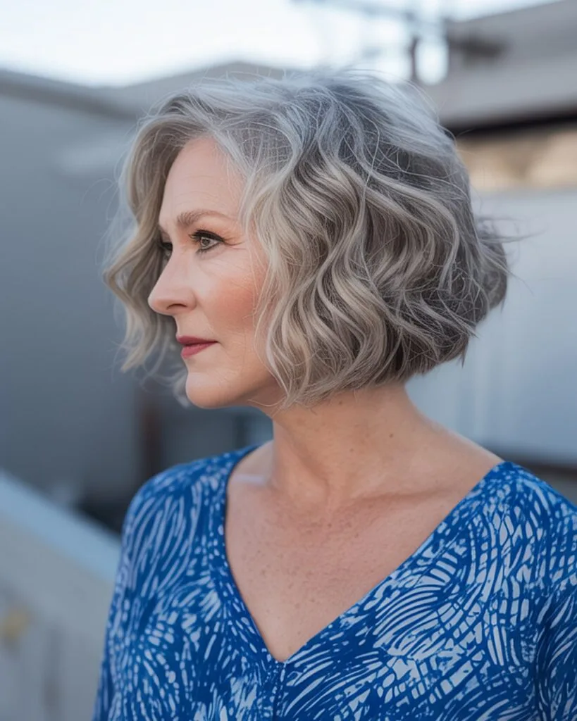 Textured angled bob with natural waves for older women and medium-density gray hair