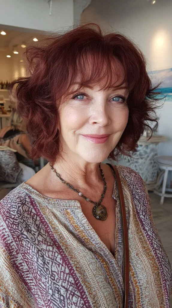 Textured Auburn Bob with Feathered Curtain Bangs