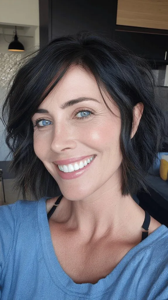 Textured Black Wavy Bob with Subtle Highlights