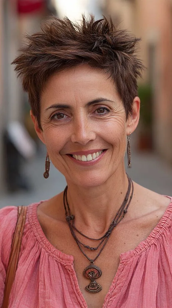 Textured Brunette Pixie with Upward Crown Kick
