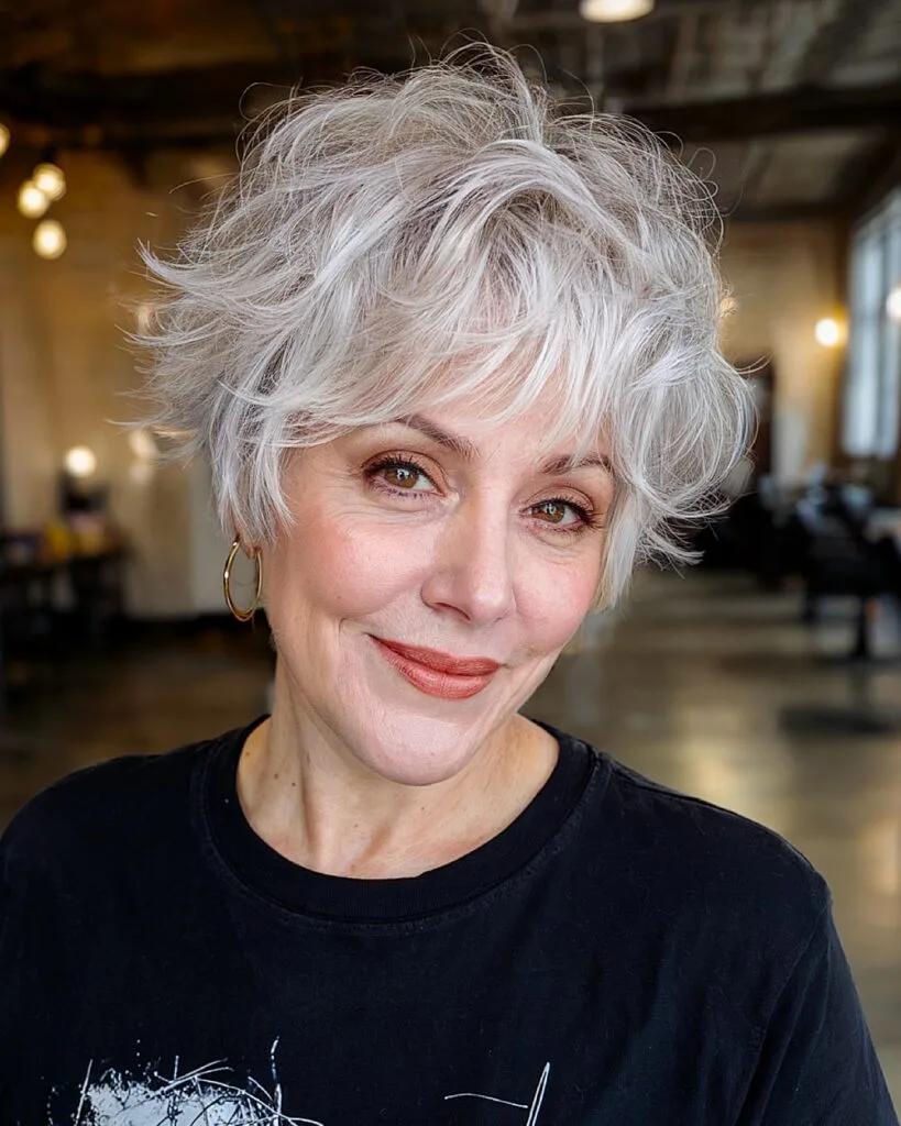 Textured butterfly haircut with cropped silver pixie bob and voluminous crown layers