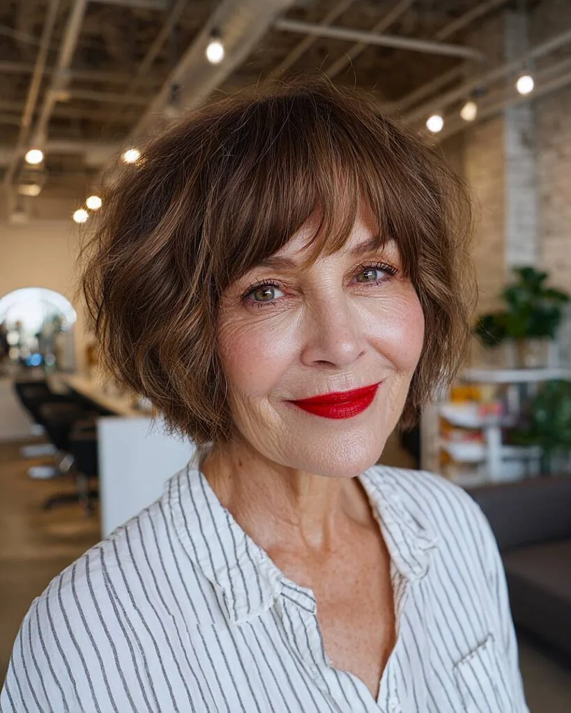 Textured chestnut bob with soft fringe for women over 70, styled with volume and tousled layers