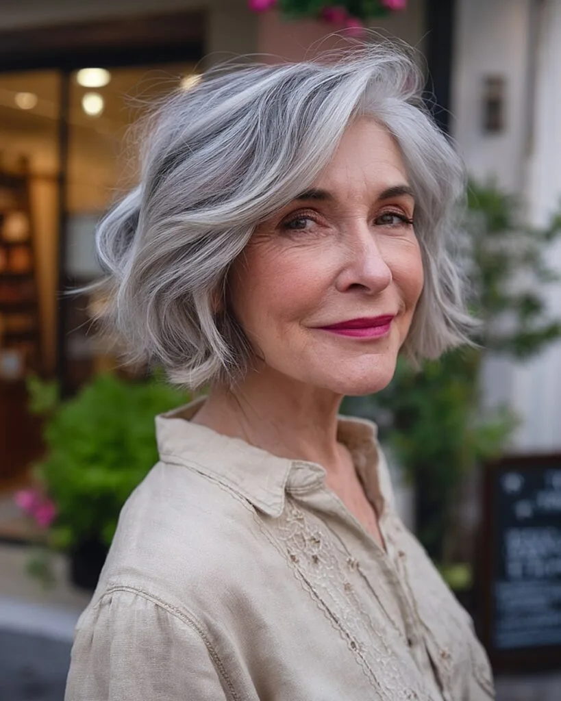 Textured chin-length bob with soft grey balayage for women over 60