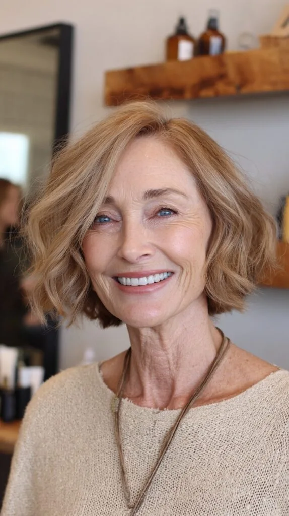 Textured Chin-Length One-Length Bob with Warm Caramel Balayage