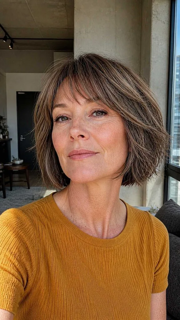 Textured choppy brunette bob with piecey bangs