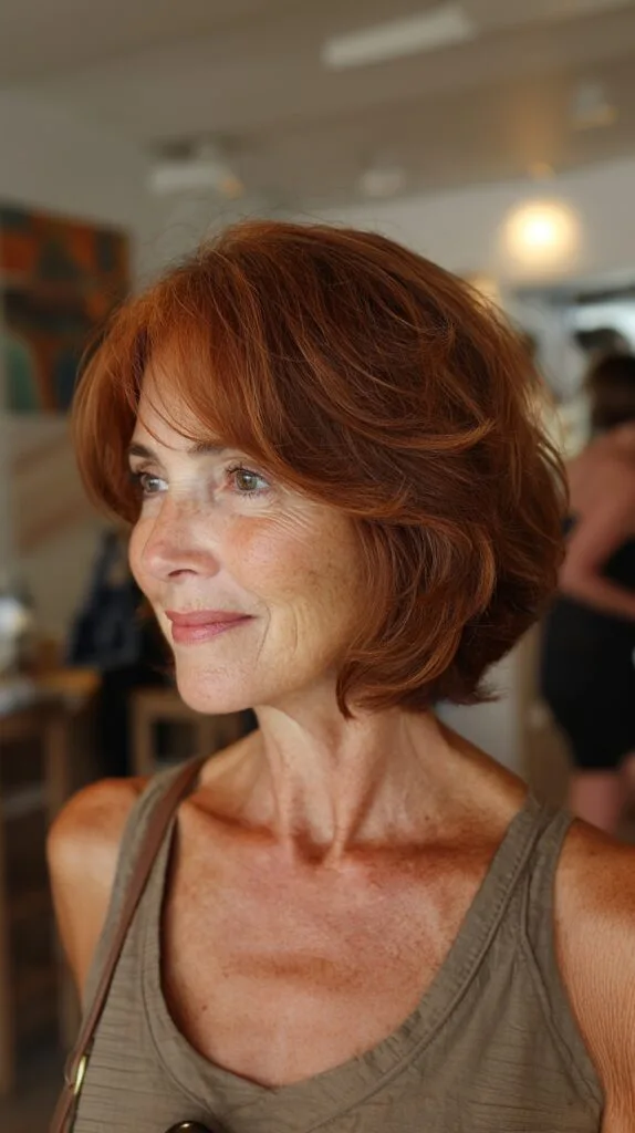 Textured Copper Layered Chin-Length Bob with Soft Curtain Fringe