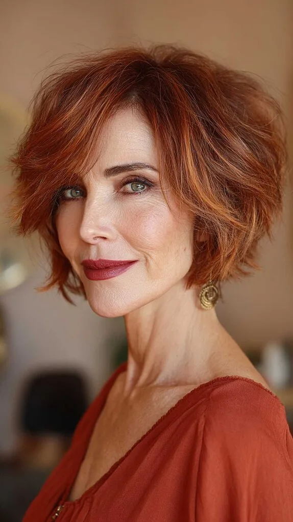 Textured copper red short shag with piecey layers