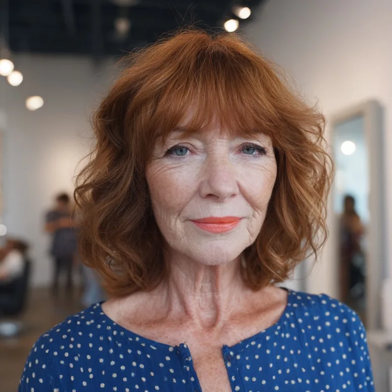 Textured Copper Waves with Brow-Skimming Bangs