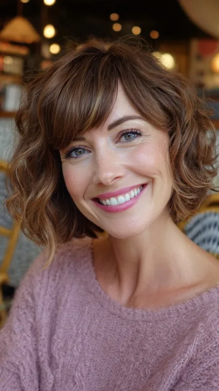 Textured Curly Bob with Soft Bangs