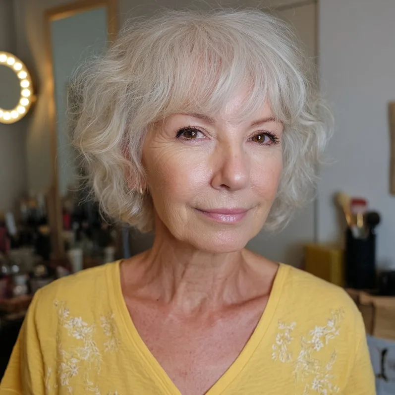 Textured Curly Bob with Soft Bangs