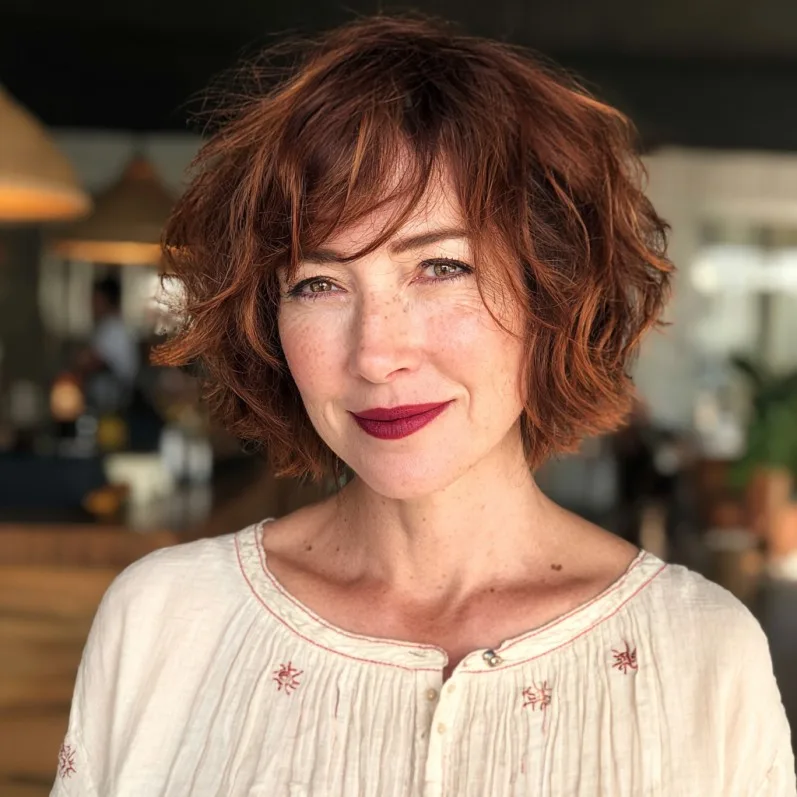 Textured Curly Bob with Warm Copper Highlights