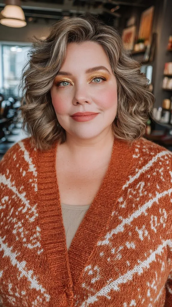 Textured Curly Lob with Subtle Highlights
