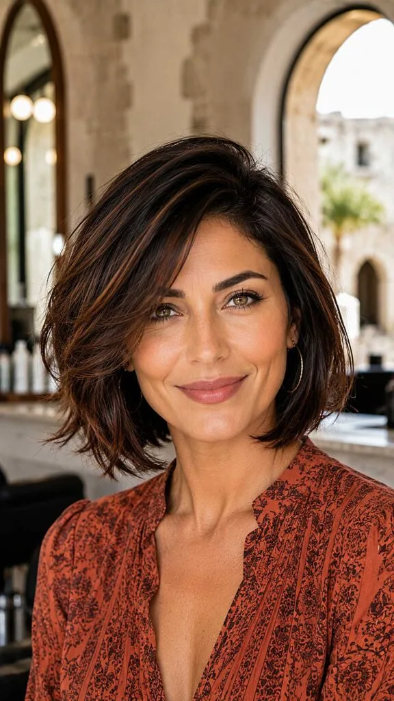 Textured Dark Layered Bob with Copper Highlights