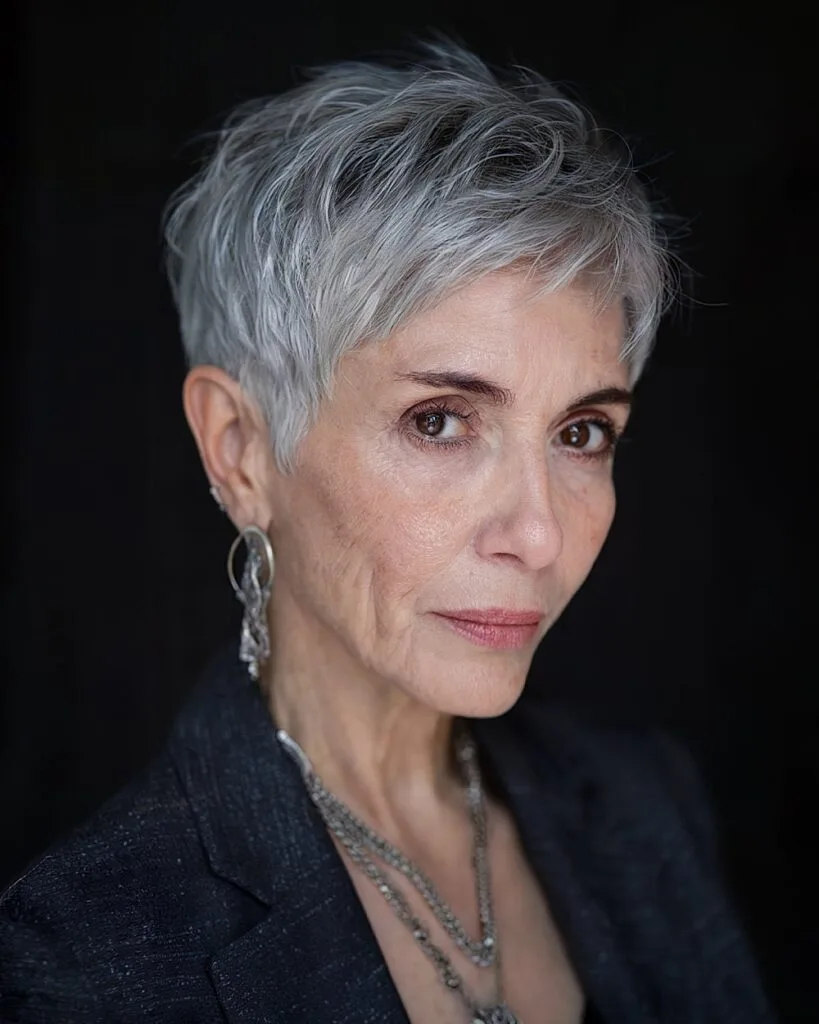Textured frosty grey pixie cut with soft layers for elegant women over 60