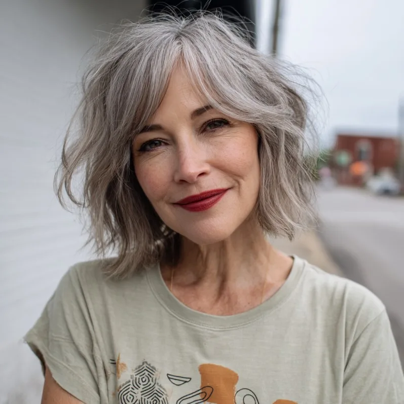 Textured Gray Wavy Bob with Face-Framing Layers