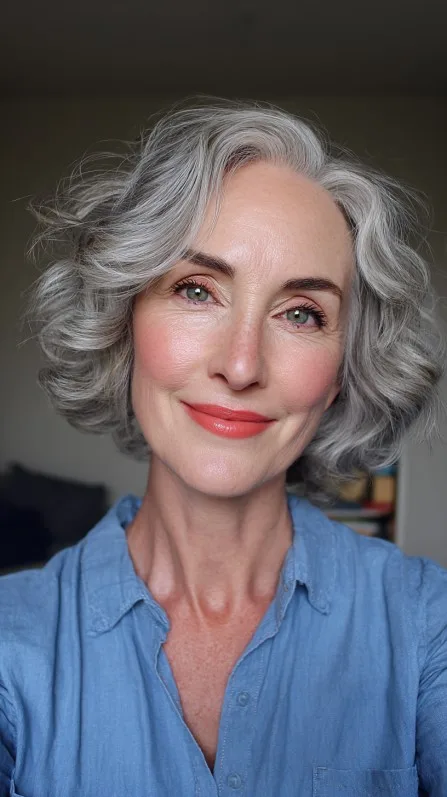 Textured Grey Bob with Soft Loose Curls
