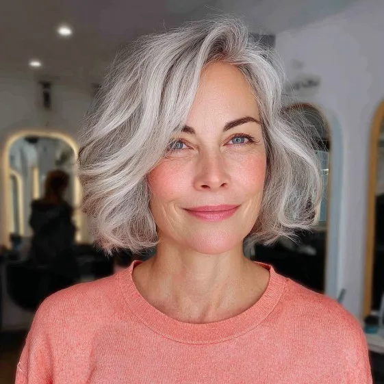 Textured Grey Bob with Soft Waves