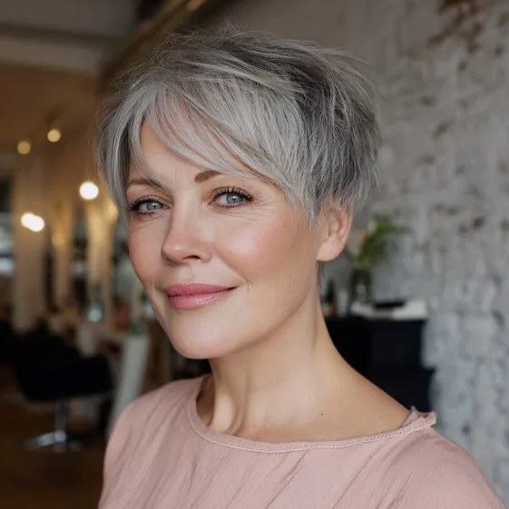 Textured Grey Pixie Cut with Subtle Balayage Highlights