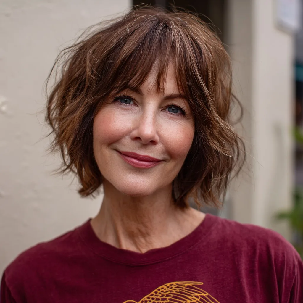 Textured Jaw-Length Bob with Playful Curtain Bangs