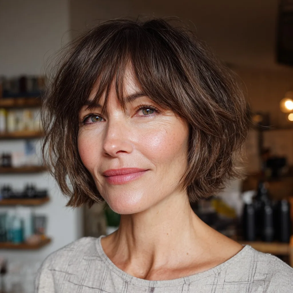 Textured Jaw-Length Bob with Wispy Curtain Bangs