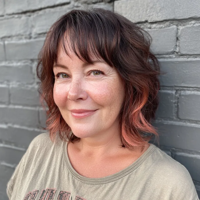 Textured Long Choppy Bob with Subtle Rose Tones