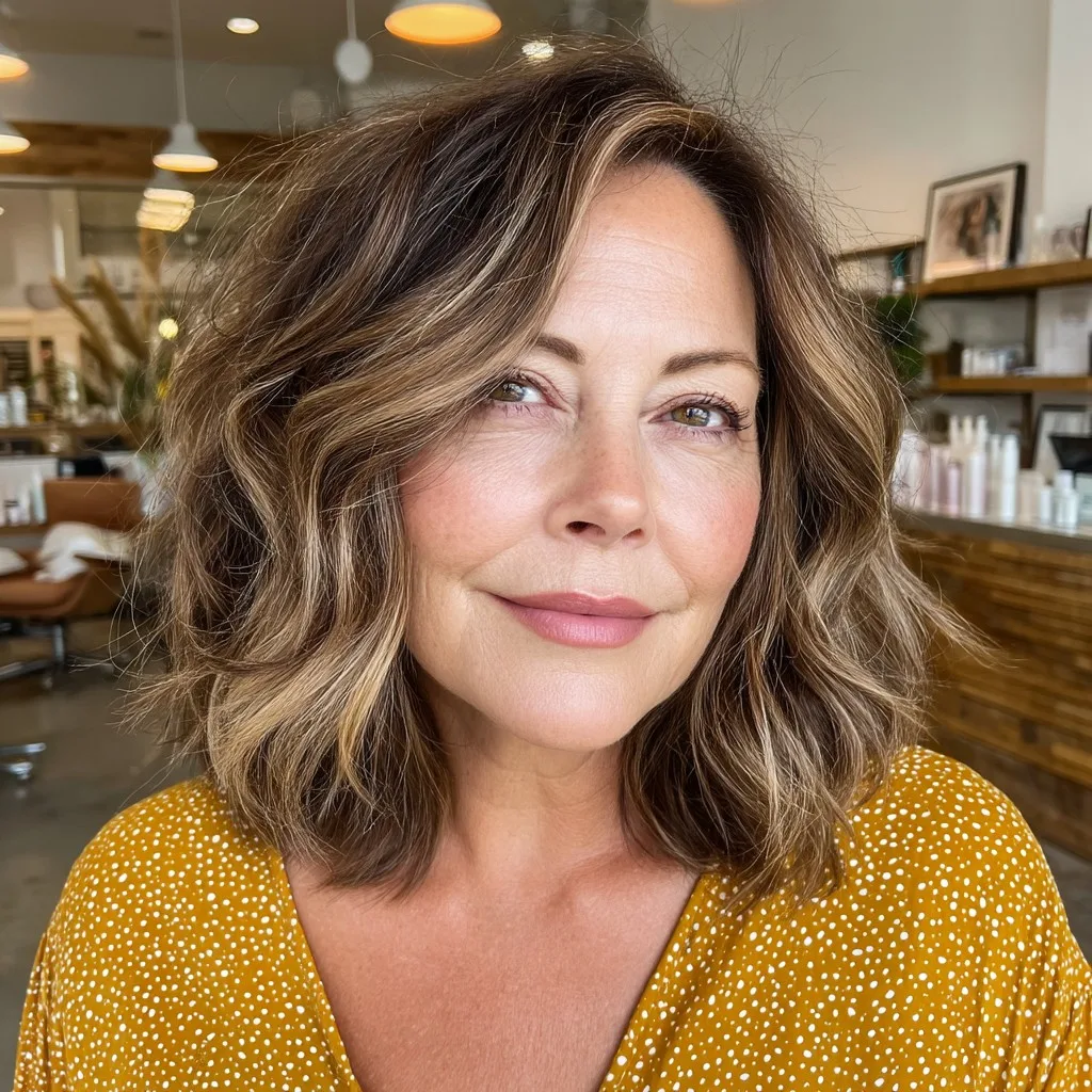 Textured Medium-Length Cut with Warm Caramel Highlights