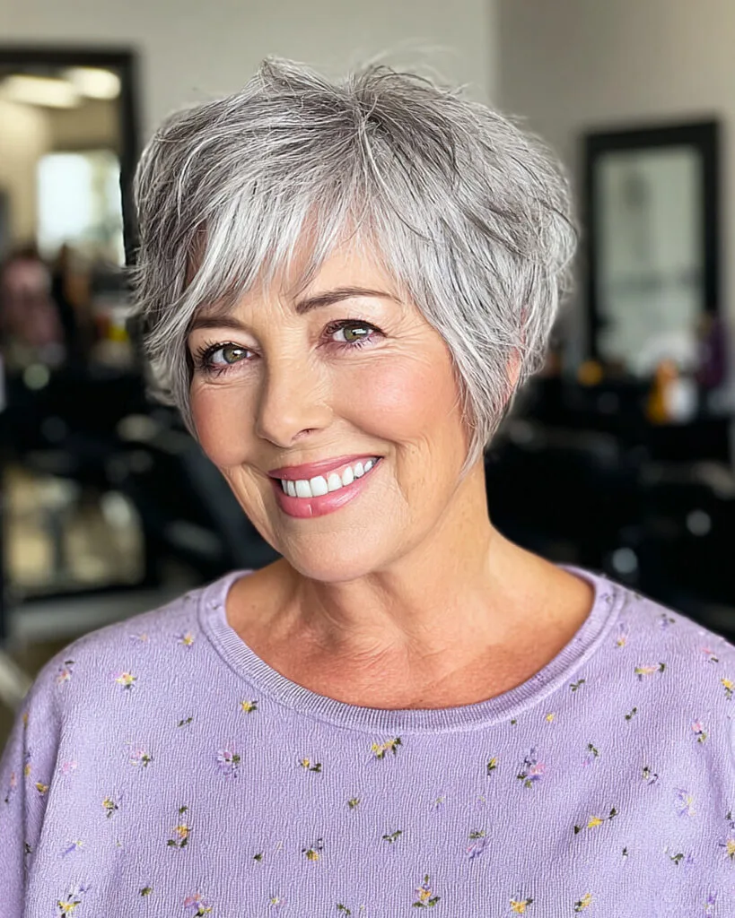 Textured pixie bob hairstyle flattering a plus-size woman over 60