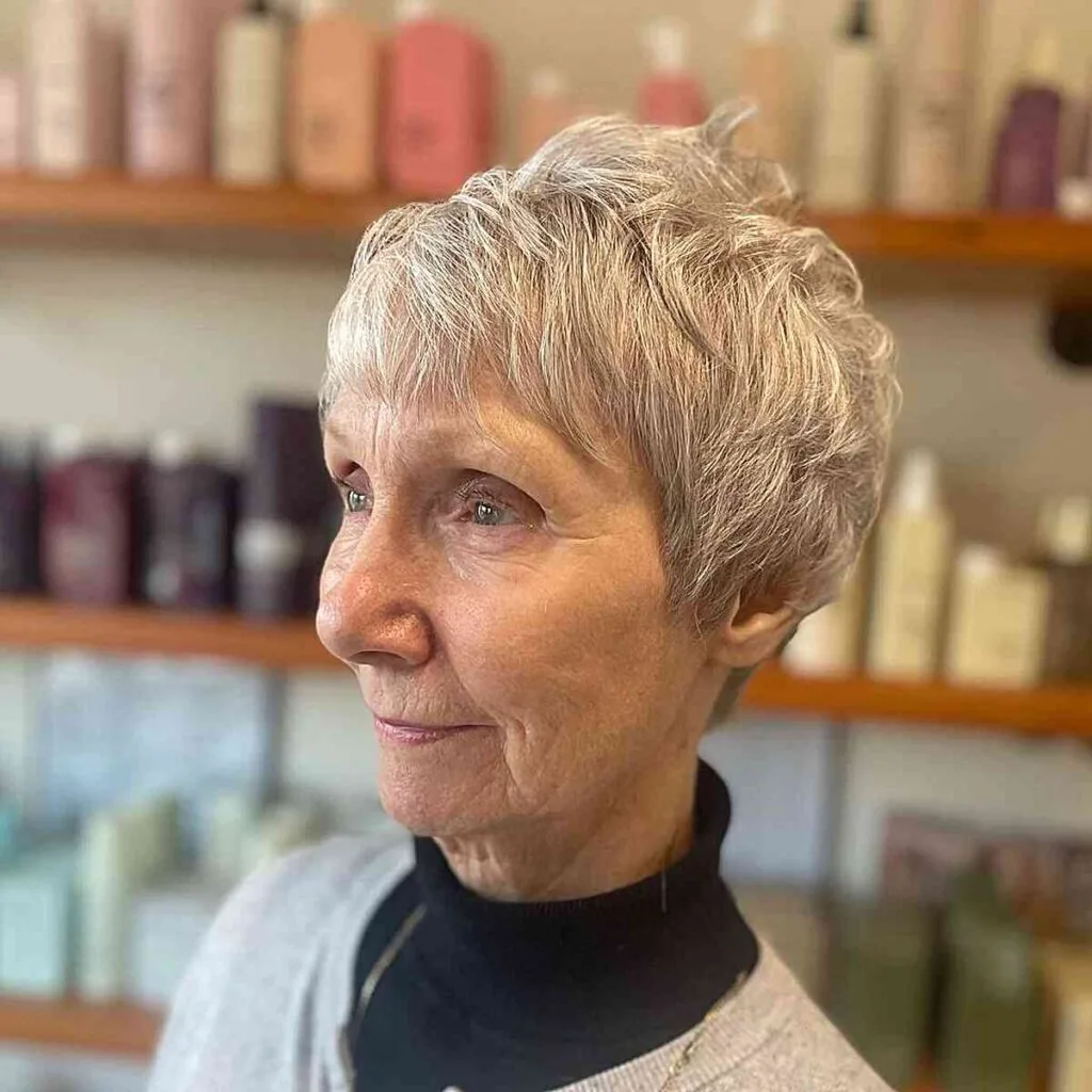 Textured Pixie Cut with Bangs and Layers for 60-Year-Olds with Fine Hair