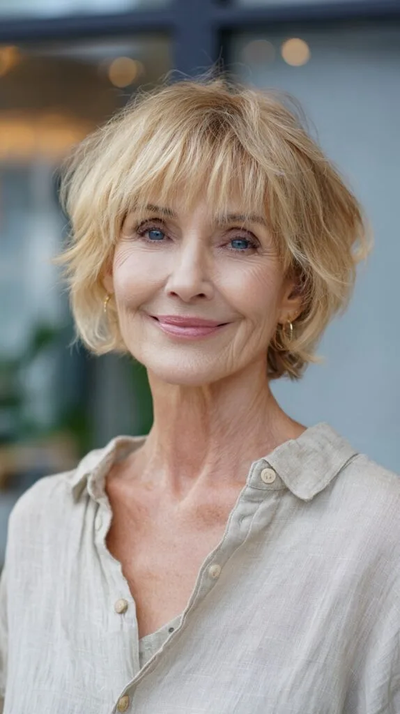 Textured Short Blonde Bob with Wispy Curtain Fringe and Crown Lift