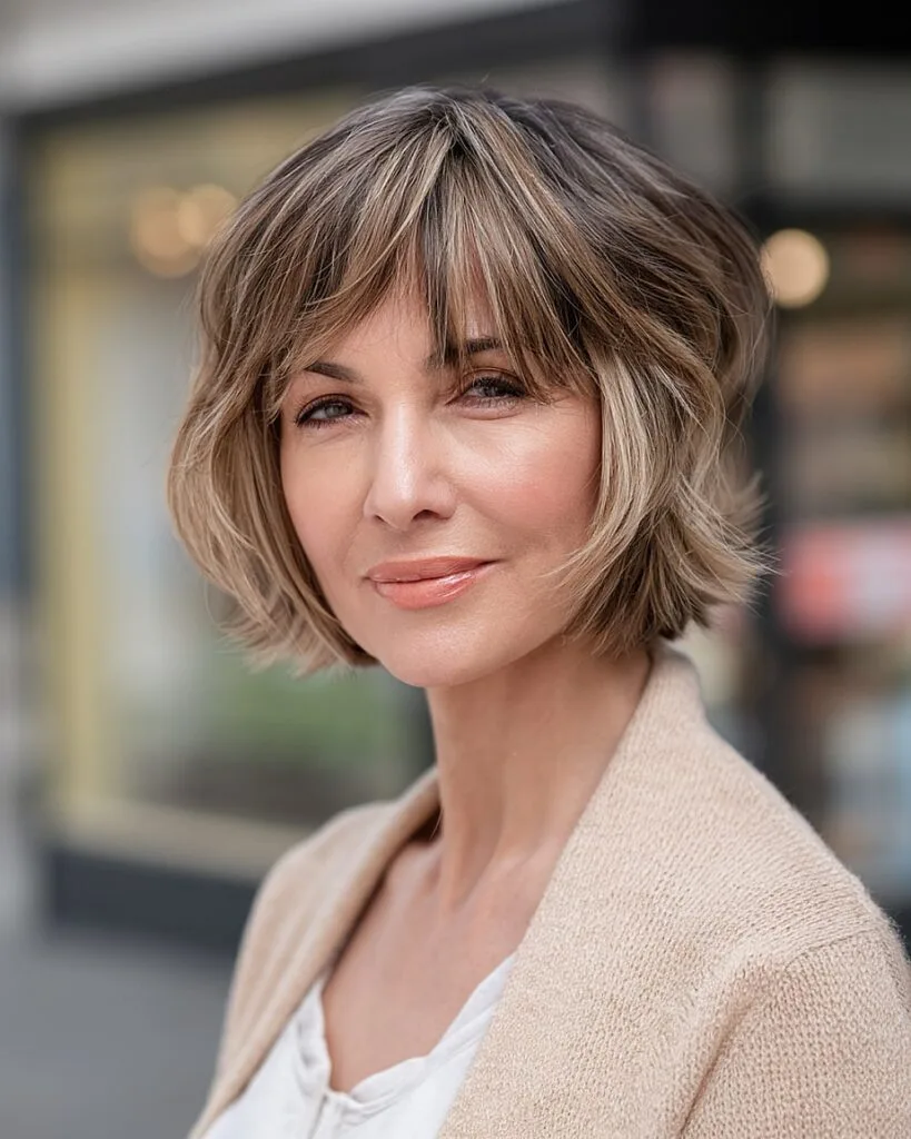 Textured short bob with bangs for fine hair and face-framing volume over 40